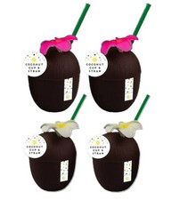 4 Plastic Coconut Cups & Straws Hawaiian Lei Hula Party Cocktail Punch Reusable
