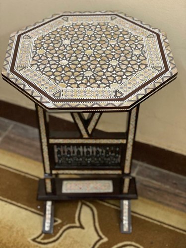 Handmade Wooden End Table Carving Wood Table Home Decor Mother of Pearl Inlay - Picture 1 of 10