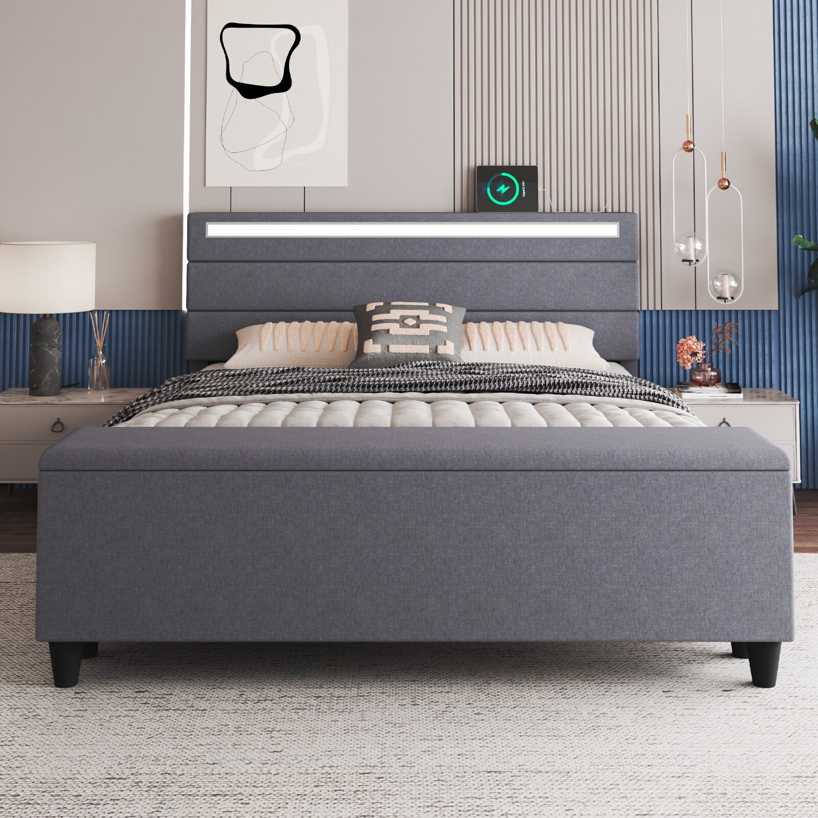 With Storage Upholstered Headboard With Led Lights