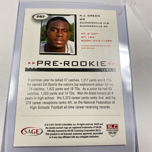 2011 SAGE HIT Pre-Rookie Silver #PR7 A.J. Green Crease Top Left And Corner - Picture 4 of 4