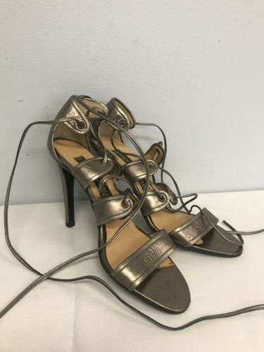 OMBELINE PARIS BRONZE METALLIC LEATHER STRAPPY SPIKE HIGH HEEL SHOES SZ 37.5 / 7 - Picture 1 of 5