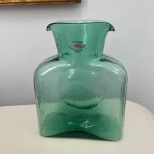 Blenko MCM Green Art Glass Double Spout Water Jug Pitcher 8” Vase Carafe 2005 *S