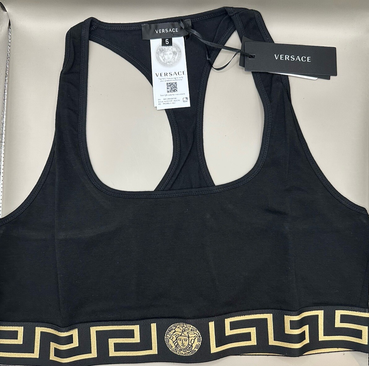 Versace Greca Border Scoop Bralette Black Gold Cotton Medusa Logo Size 5-image