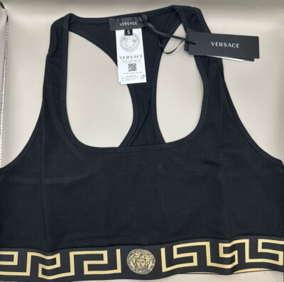 Versace Greca Border Scoop Bralette Medusa Logo Cotton Black/Gold Sz 5 Authentic
