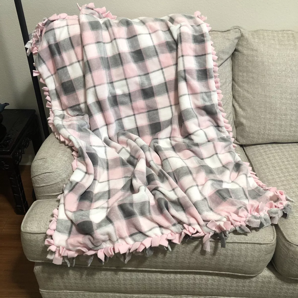 Tie Fleece Blanket Pink Grey Plaid Fringe Handmade 2-Layer 42x54