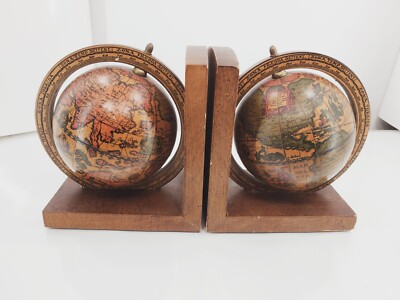 Vintage Zona Torrida Globe Bookends Old World Wood Italy Made 6 inch Set of 2