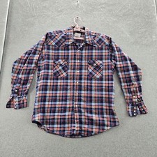 VINTAGE Wrangler Men Button Up Shirt 17.5 Navy Tartan Plaid Flannel Western