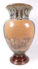 ROYAL DOULTON LAMBETH HANNAH BARLOW THREE PANEL VASE DECORATED WITH CATTLE