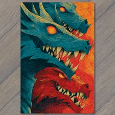 Art Print Three Headed Dragon Blue Red Orange Swirls Glowing Eyes Sharp Teeth Fi