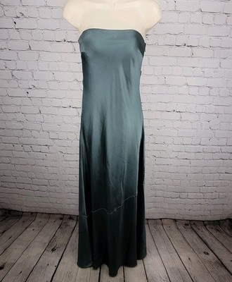 Revelry Green Satin Strapless Open Back Button Accent Bridesmaid Long Dress 2