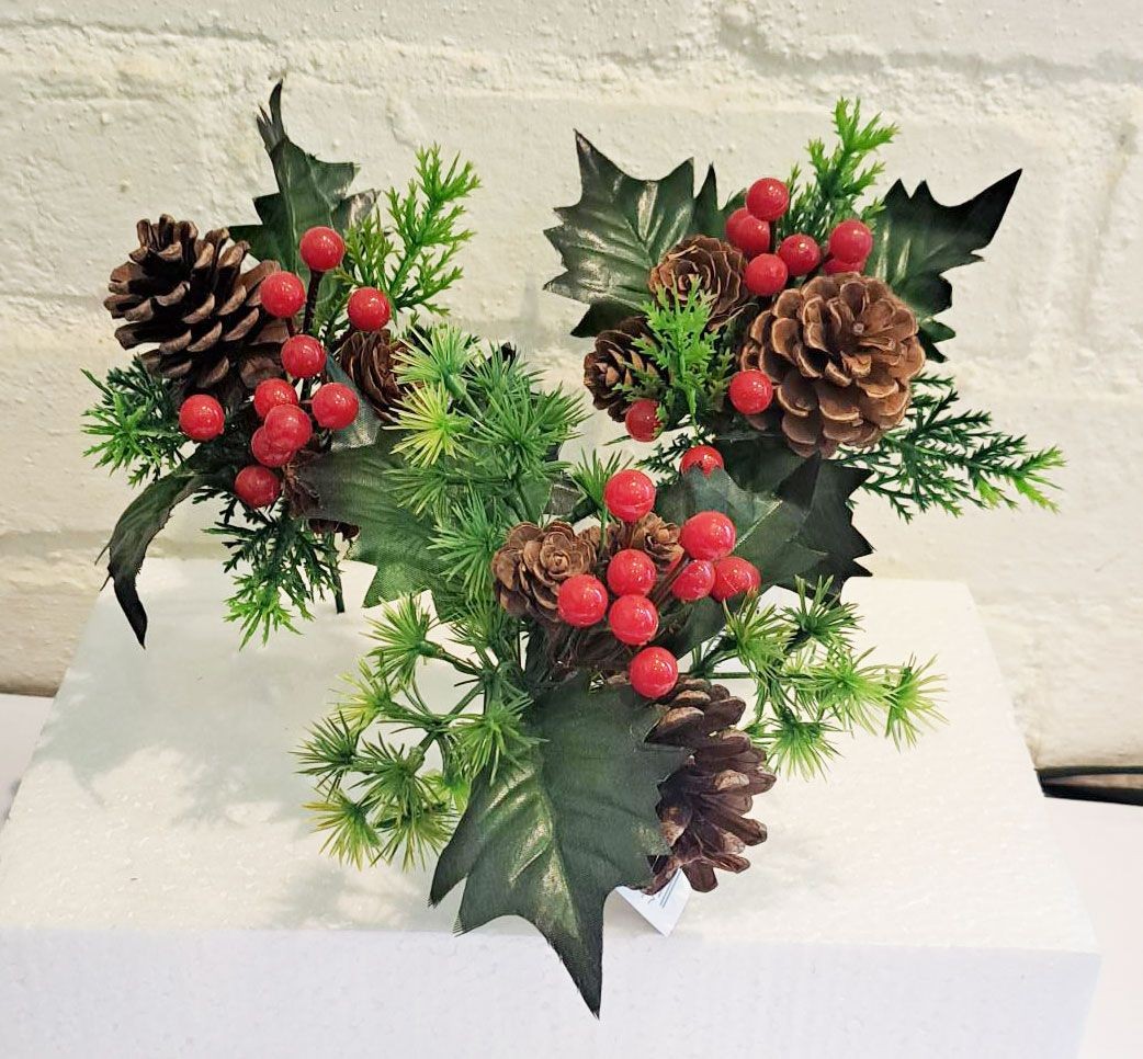 Red Berry Pine Cones Foliage Pick x 3 - 18cm Sincere Christmas Flower Arrangiing