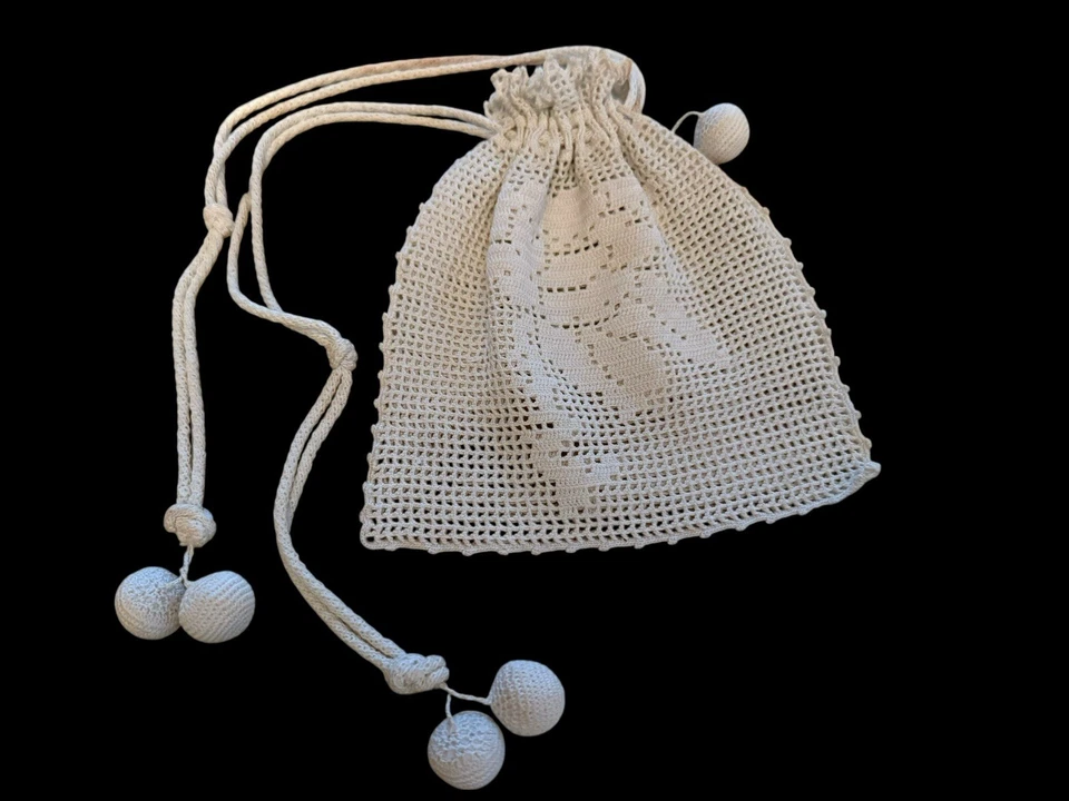 Antiguo Monedero Eduardiano Crochet Retícula Pequeño Bolso de Novia Cordón 1900’s Foto 2 de 4