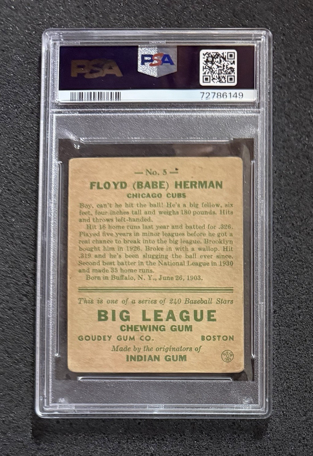 1933 Goudey - #5 Babe Herman - PSA 2 view 2