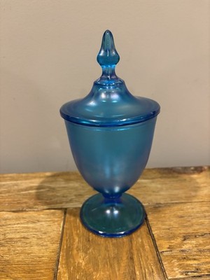 Fenton Celeste Blue Iridescent Stretch Glass Covered Candy Dish. Excellent Cond