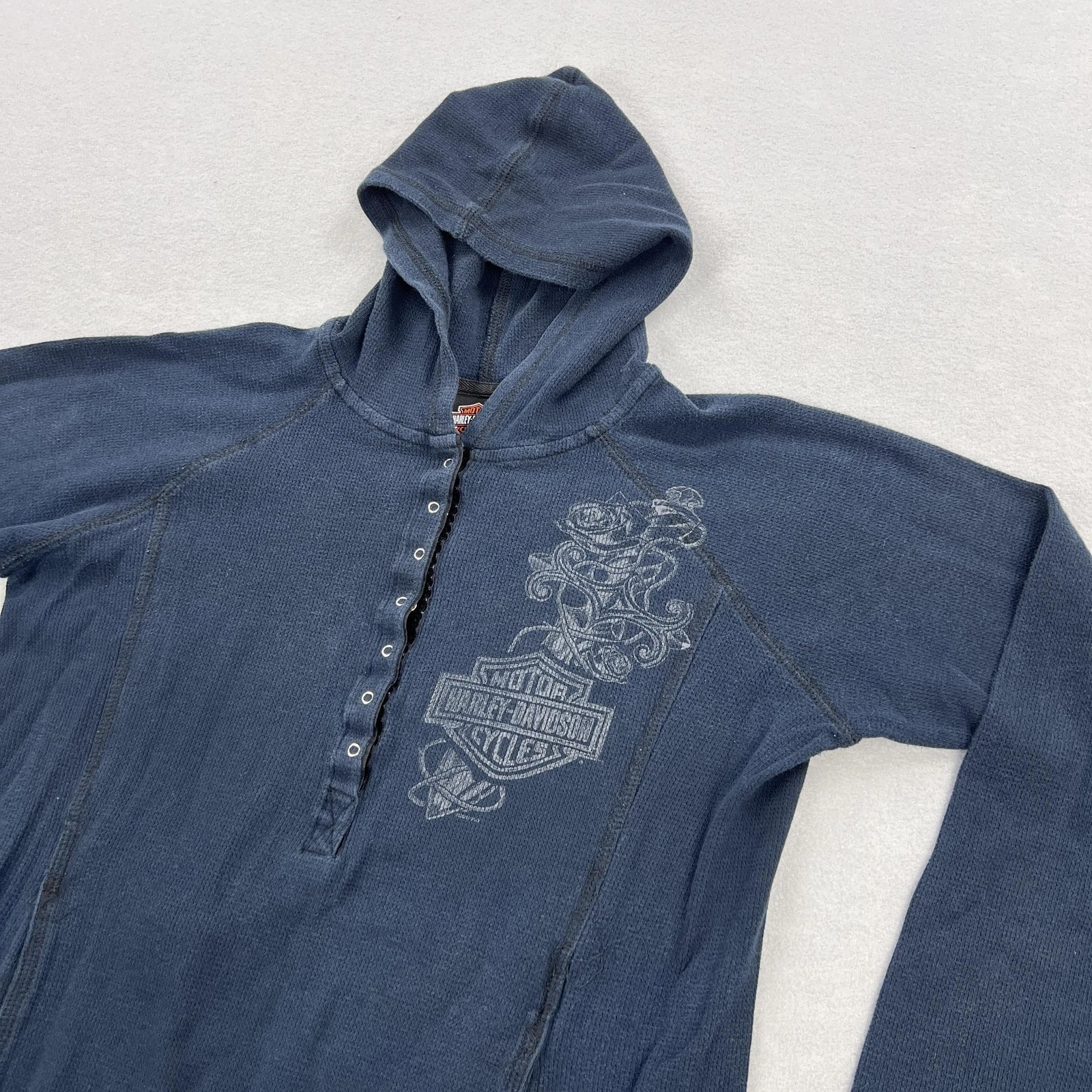 Harley-Davidson Shirt Womens 2X Blue Thermal Hooded Henley Tunic Long Sleeve Top