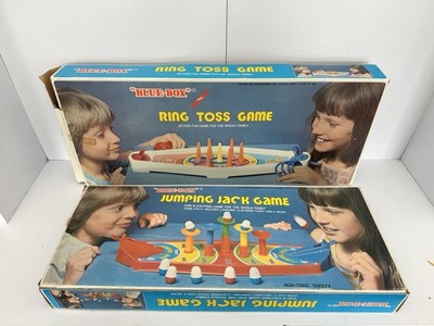 2 Vintage 1970er Blue Box Brettspiele - Ring Wurfspiel & Jumping Jack Spiel - 100% Komp