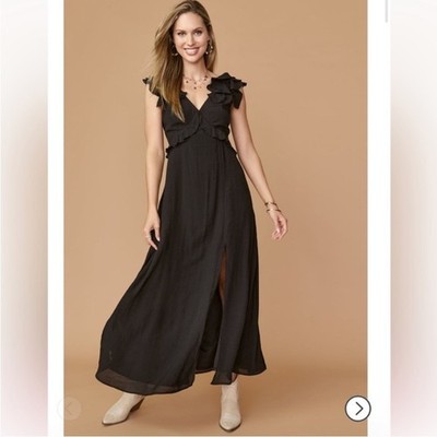 Francesca's Black Ruffle Open Back Maxi Dress NWT Size XS