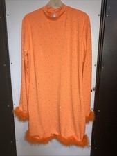 New Flourescent Orange Large Marabou trim stretch dress long sleeve Black light
