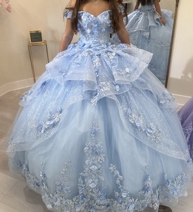 Princesa by Ariana Vara Quinceañera Dress Light Blue Floral Ball Gown+Hoop Skirt