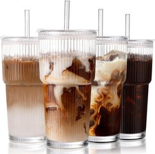 20oz Ribbed Glass Iced Coffee Cups w Lids Straws 4 Pack