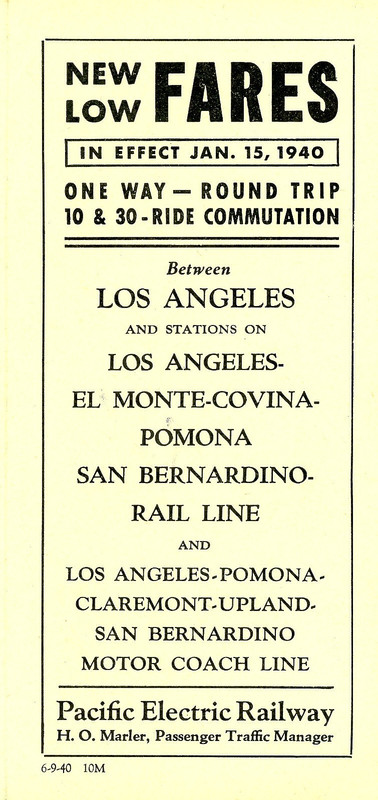 Pacific Electric Ry, FARES leaflet, L.A.-San Bernardino-Pomona, January 15, 1940
