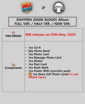 ENHYPEN [DARK BLOOD] Album CD+Photo Book+3 Card+Sticker+Book Mark+