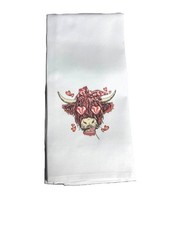 Valentines Highland Cow Kitchen Towel white hearts