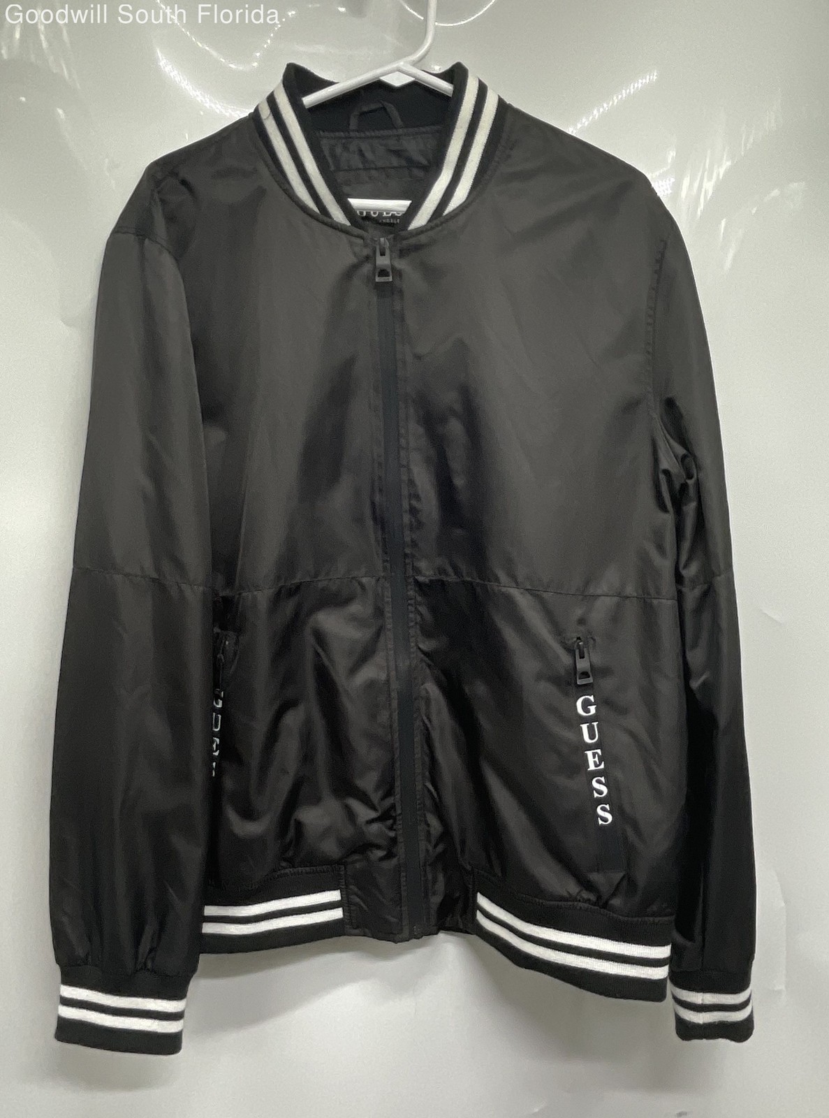 Guess Mens Black Long Sleeve Pockets Full-Zip Varsity Jacket Size Large