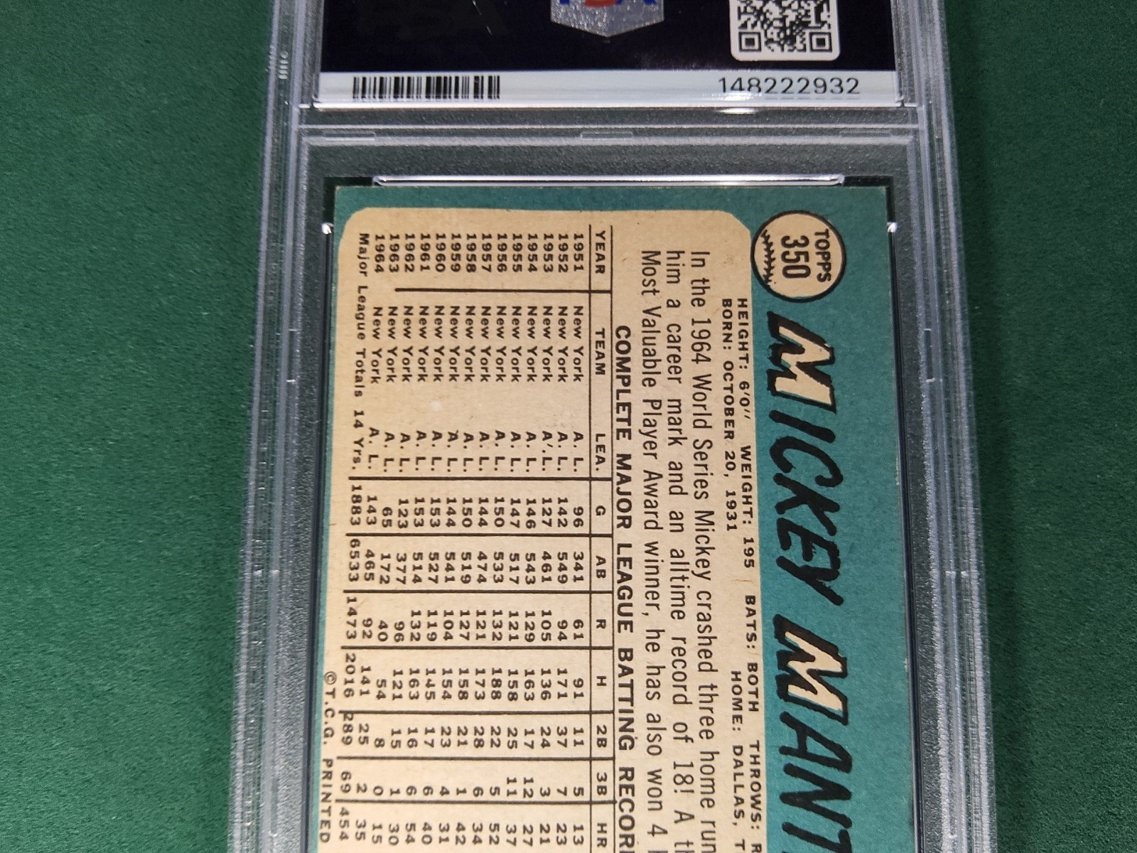 1965 Topps Baseball MICKEY MANTLE Vintage #350 PSA 3.5 VG+ RARE!! HOF Yankees view 11