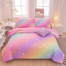 Rainbow Bedding Set Full Size   6-Piece Reversible Girls Comforter with Deep-...