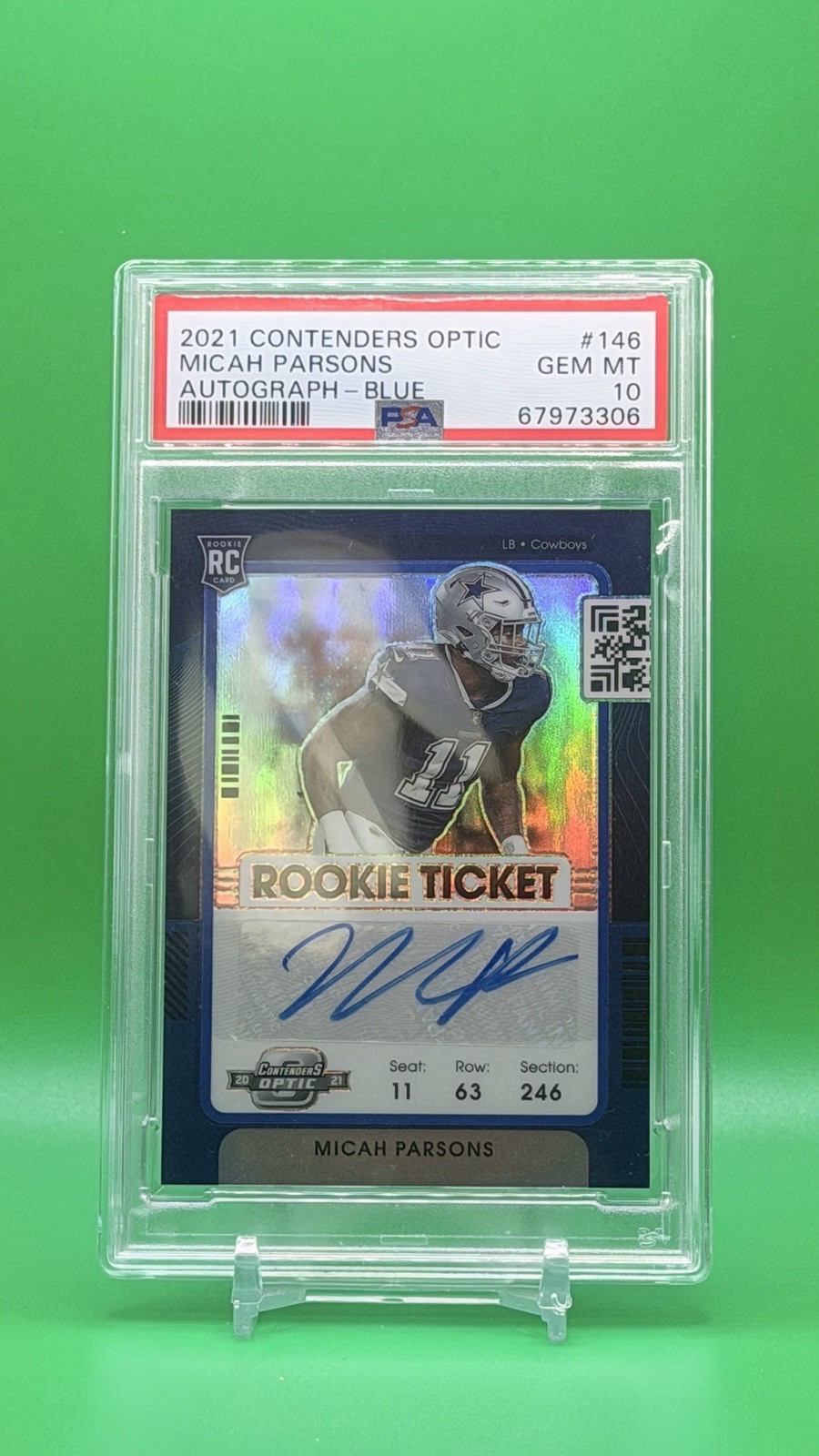 2021 Panini Contenders Optic Micah Parsons Rookie Ticket Auto Blue /99 PSA 10