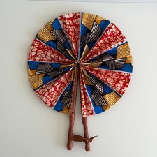 Vintage African Fabric Folding Fan Handmade Leather Handle Abstract