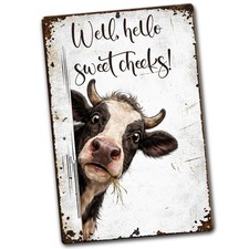 Well Hello Sweet Cheeks Cow Sign, Funny Farm Animal Decor, Peeking Cow