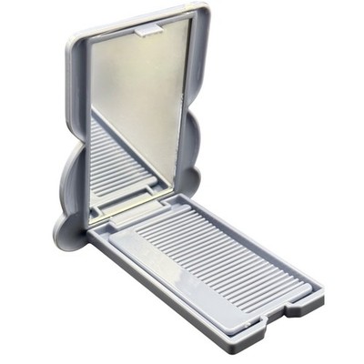 Kids Teddy Bear Striped Folding Compact Mirror and Comb Set Blue Gray Smile