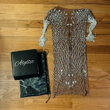 Alglist Sequin Rhinestone Beaded Evening Dress Gown Brown Embellished