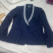 Lauren Navy Blue Linen Fitted Blazer with White Trim- Size 10 Women's