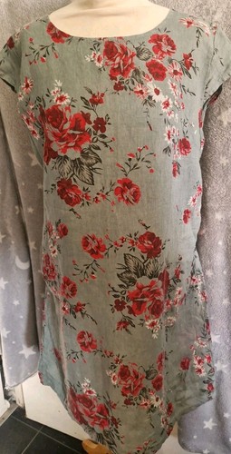C.Valentyne Damen Leinenkleid mit Blumenmuster und Taschen Größe M