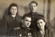 Vintage Photo 1940s Two Handsome Military Men Pretty Woman Portrait B W Snapshot