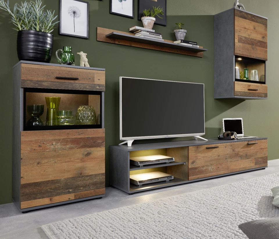 Wohnwand Schrankwand in Used Wood grau Wohnzimmer Anbauwand Vintage Shabby Mango