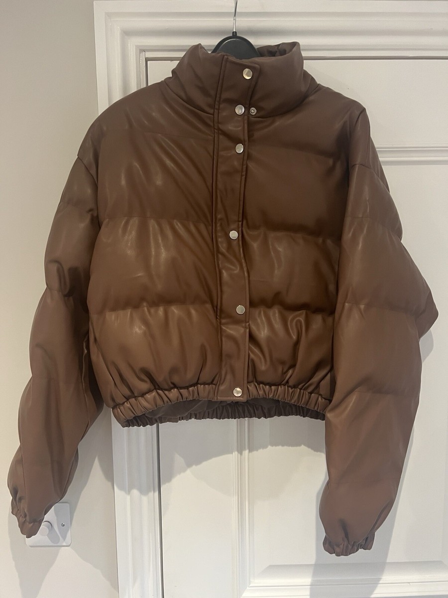 Pretty little thing Women's leather look Crop Puffer Jacket Brown Size M