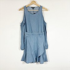 NWT Express Chambray Cold Shoulder Wrap Mini Dress Long Sleeves Blue Sz XS