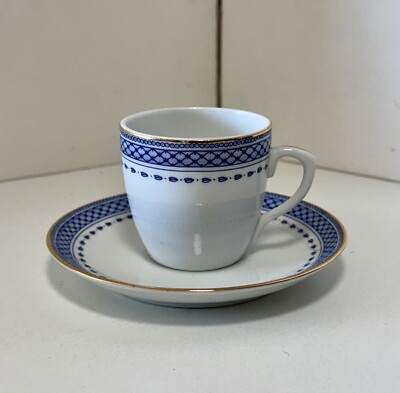 VA Portugal Demitasse Porcelain Cup & Saucer  - blue rose and lattice