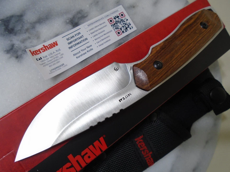 Cuchillo cazador Kershaw Halt Full Tang hoja fija desollador 1417 mango de madera nuevo Kai Foto 3 de 4