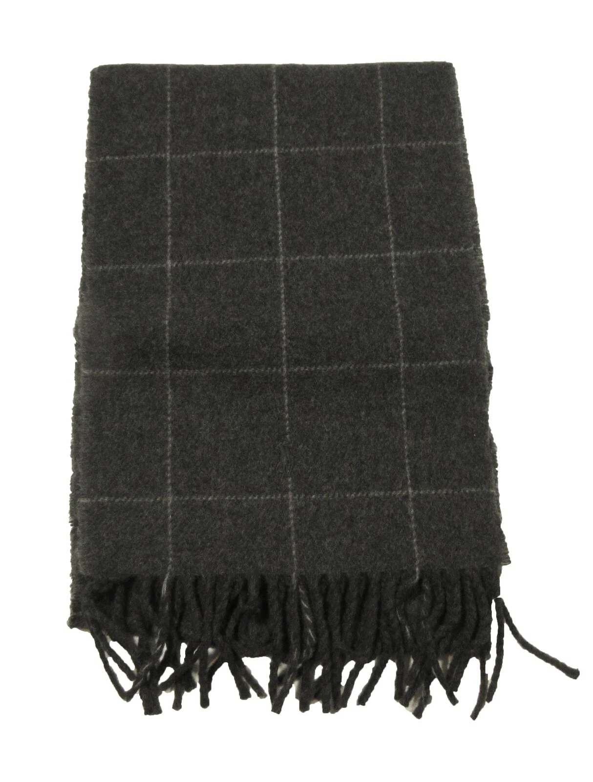 Polo Ralph Lauren Men's Dark Grey Plaid Pattern Wool Blend Fringe Scarf