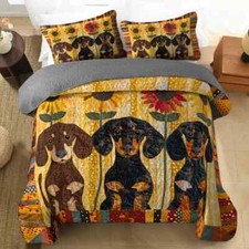 Custom Sunflower Dachshund Quilt Bedding Set, Dog Lover Quilt Bedding Pillowcase