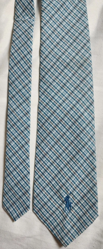Polo Vintage por Ralph Lauren Corbata 100% Algodón Azul Cuadros Big Pony Hecho en EE. UU. Foto 3 de 4