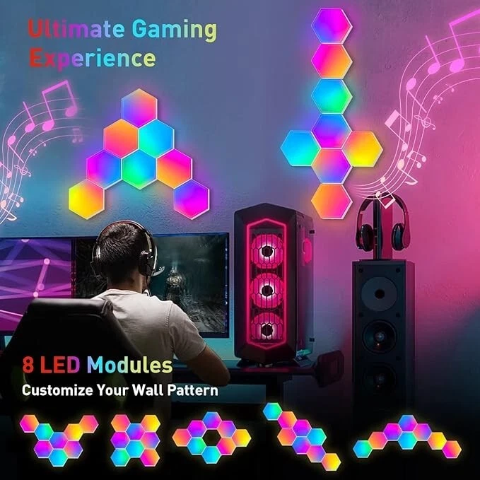 Panel LED hexagonal para juegos (8 piezas) tres métodos de control - alimentado por USB Foto 3 de 4