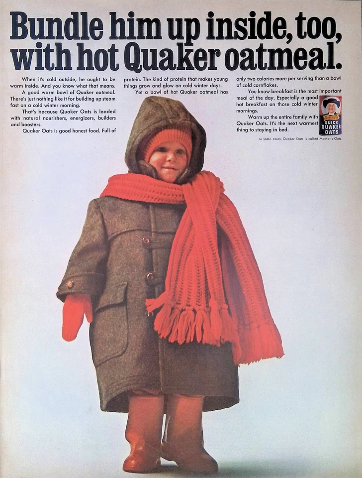 2 Винтажный печати рекламы квакер овса мгновенный овсянка ребенка красный ботинки шляпа шарф - Изображение 2 из 2