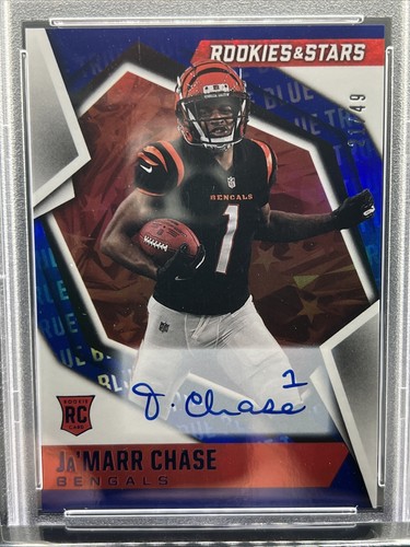2021 Rookies & Stars - JA'MARR CHASE ROOKIE AUTO TRUE BLUE /49 PSA 10 Gem #107 - Picture 3 of 5