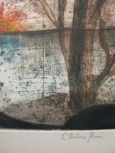 RENE CARCAN, 1925 - 1993. INCISIONE A COLORI ACQUATINTA " L' ARBRE FLEURS " . Insegna. - Foto 5 di 5